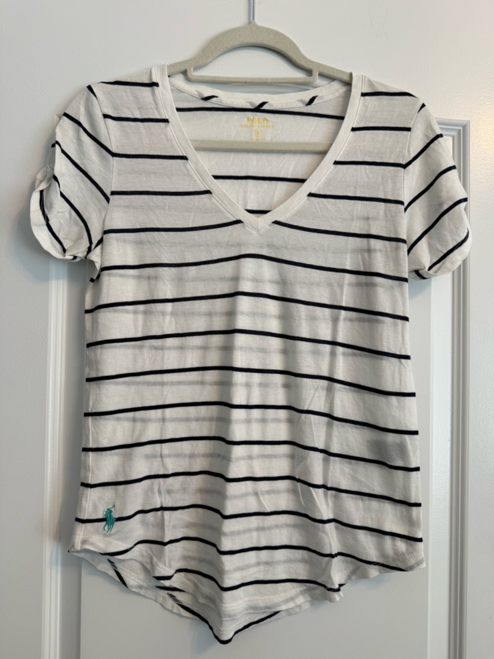 Polo by Ralph Lauren White V-Neck Short Sleeve Tee with Navy Stripes
